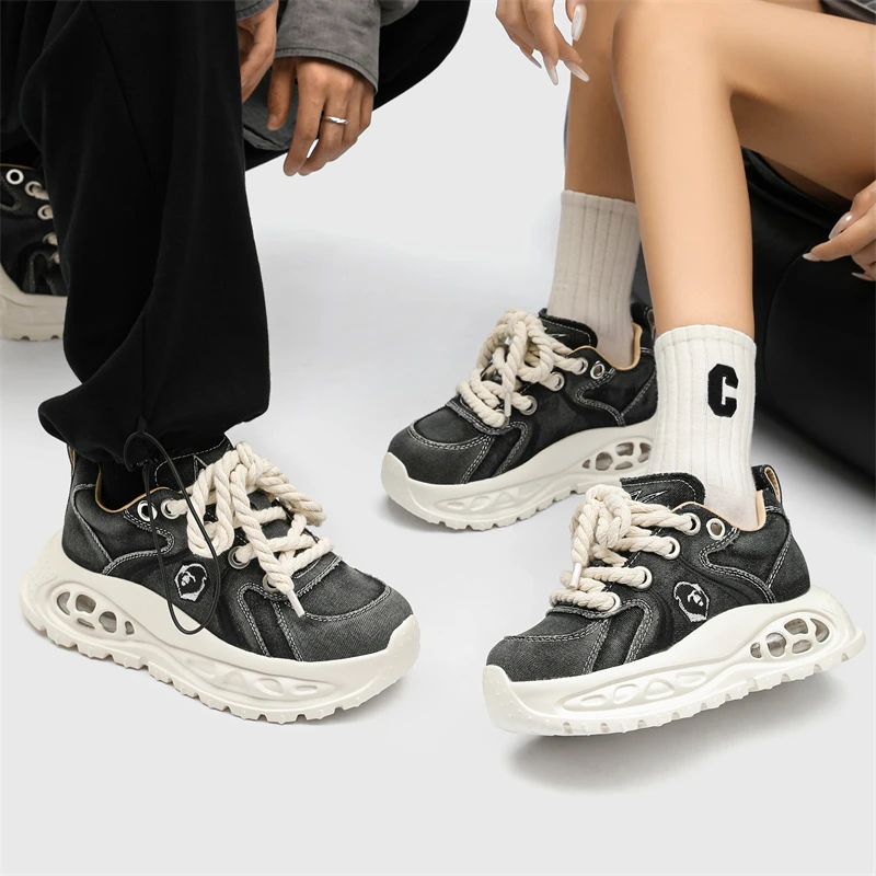 猿人头新品女鞋时尚百搭厚底水洗牛仔轻便潮鞋休闲鞋魔幻黑9059