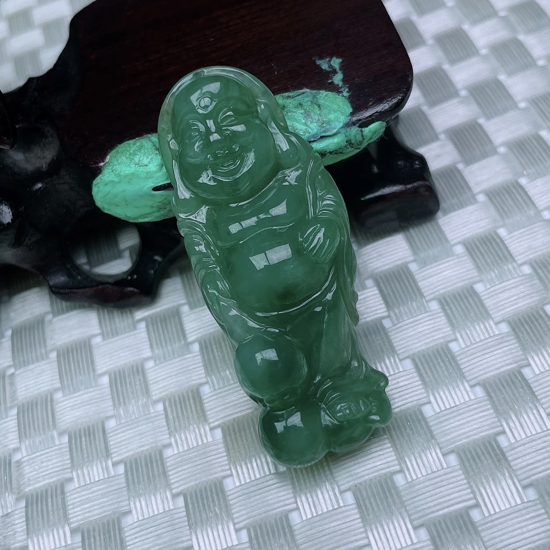 缅甸天然翡翠a货蓝水逍遥佛吊坠尺寸 52-22-11重: 15.92g