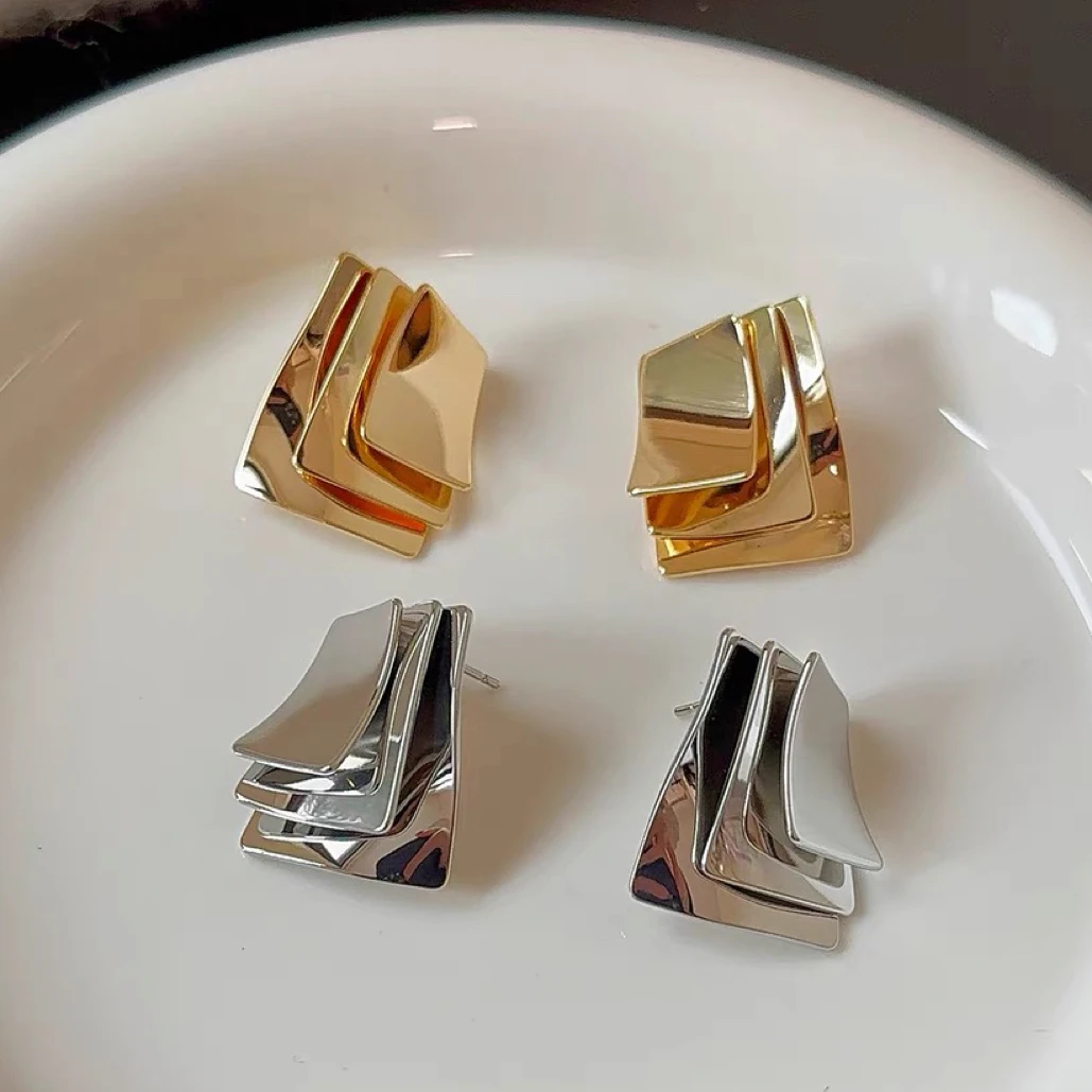 铜合金耳饰 铜合金耳饰 方形欧美金属风小众设计多层几何