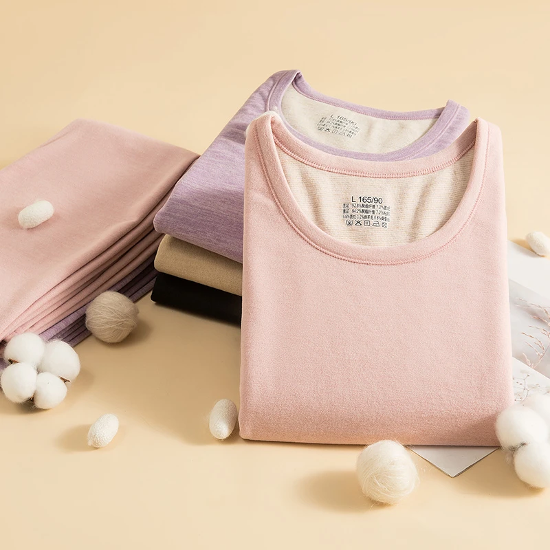 含有羊毛蚕丝保暖内衣套装女款冬季秋衣秋裤打底衫内穿学生修身女