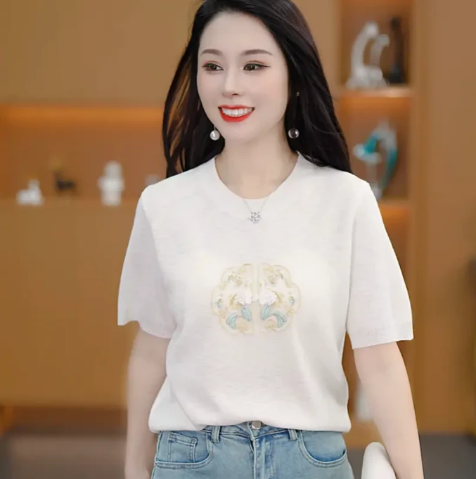 国风打底衫显瘦针织时尚百搭夏季半袖宽松圆领气质洋气休闲装