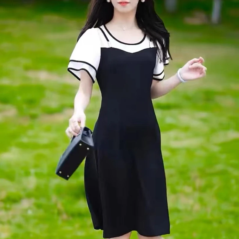 H1102气质洋气时尚休闲夏季黑色收腰拼接宽松连衣裙条纹L13