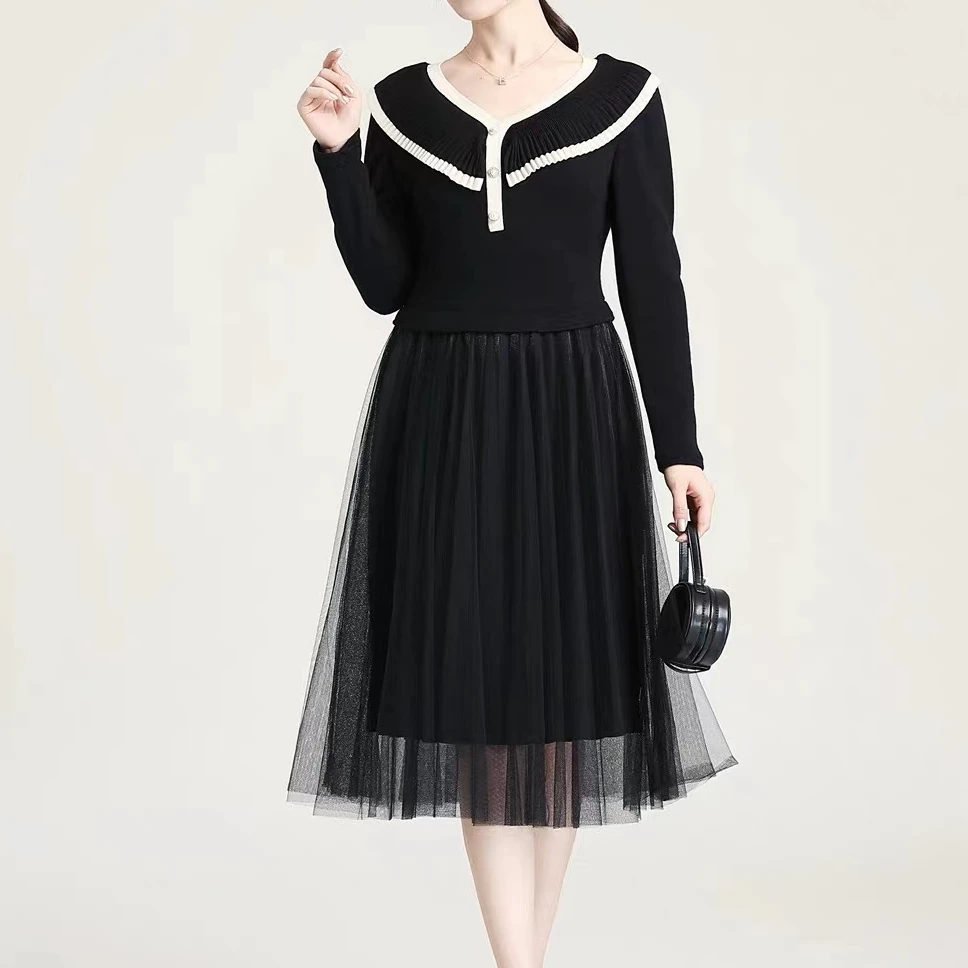 【H1023】24年新款V领荷叶边拼接气质纱网假两件女装连衣裙H12