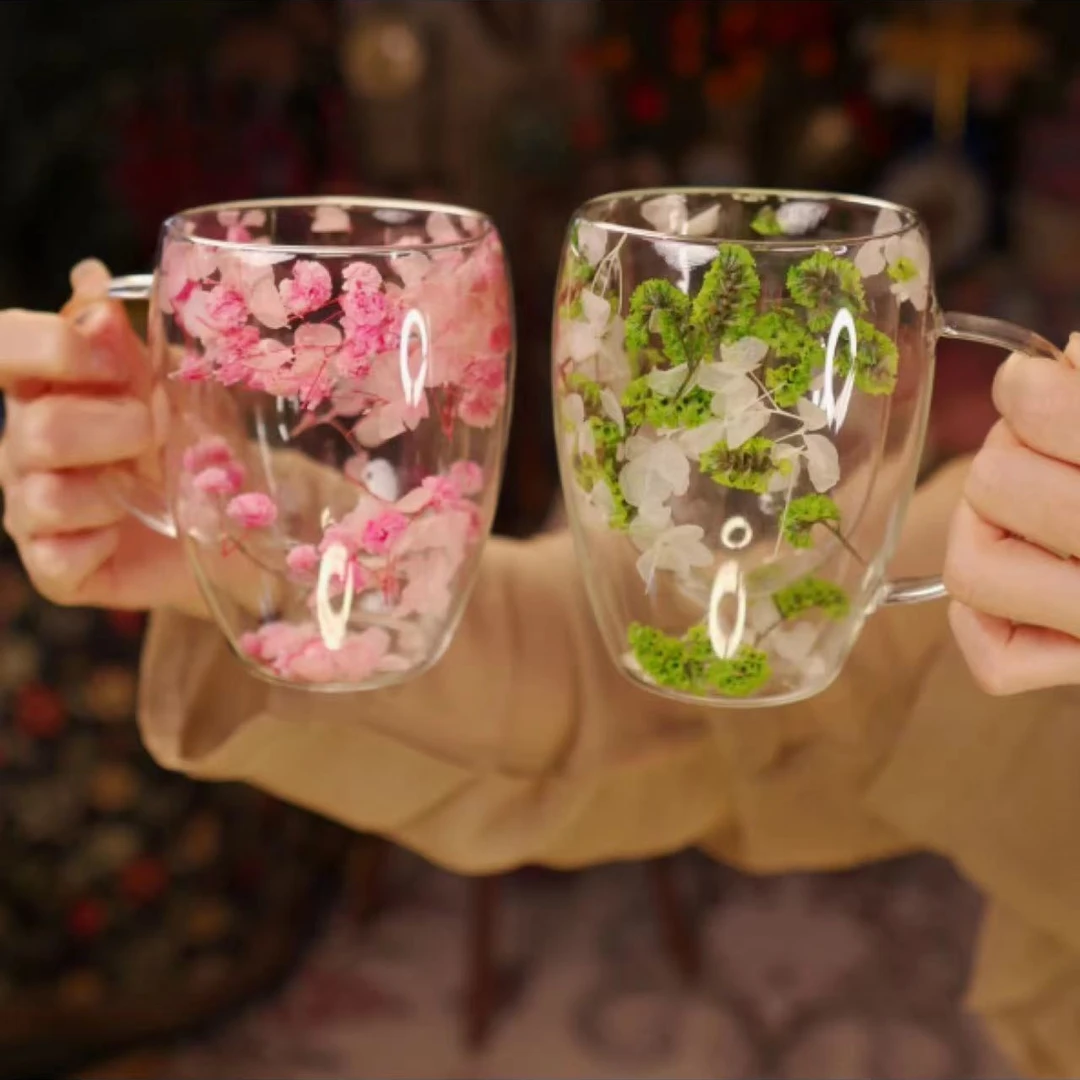 2只装永生花双层隔热玻璃杯网红创意款水杯牛奶杯办公杯闺蜜杯