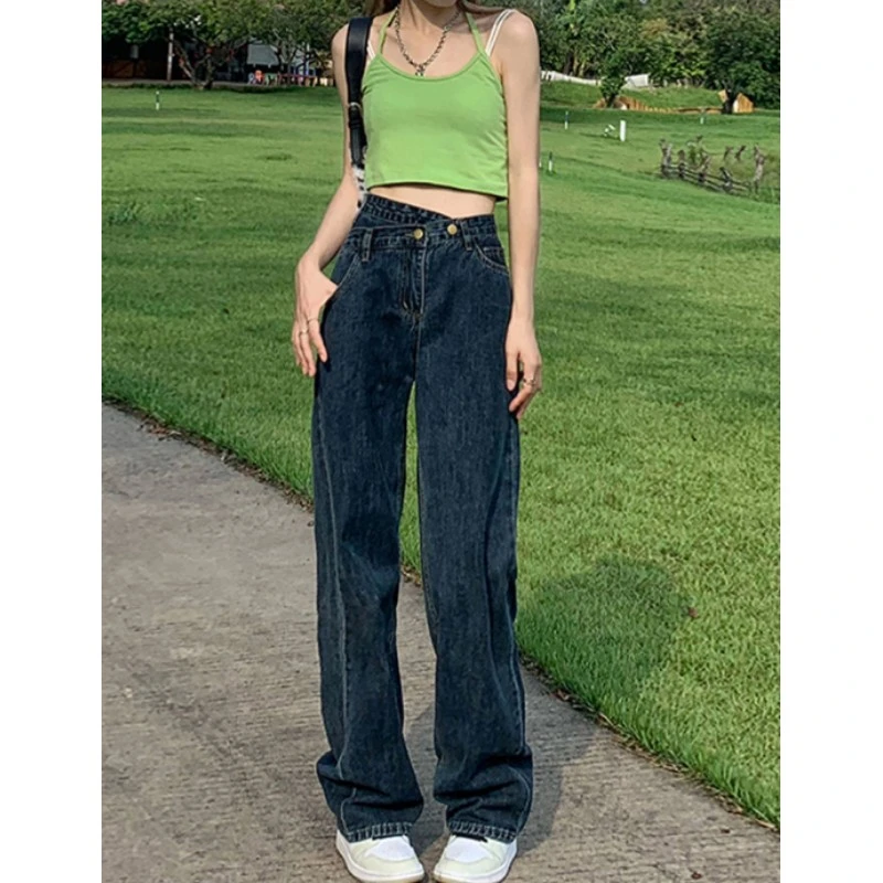 复古蓝牛仔裤女直筒胖mm显瘦高腰不规则设计感裤子大码宽松阔腿裤