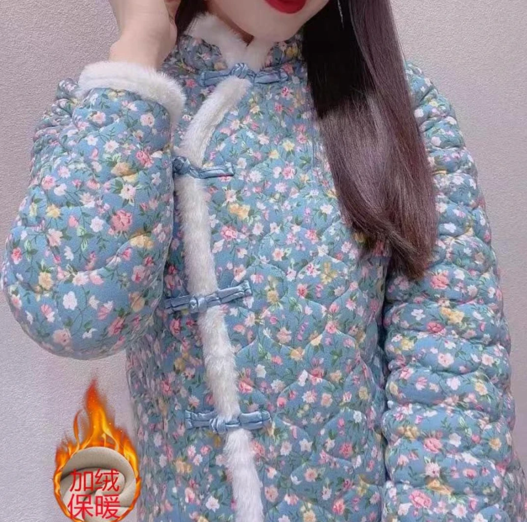 2023新款冬装妈妈时尚碎花加厚网红外套短款东北大花棉袄女中国风