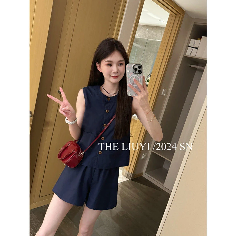 松弛感套装夏季2025新款气质背心上衣休闲简约阔腿短裤显瘦两件套