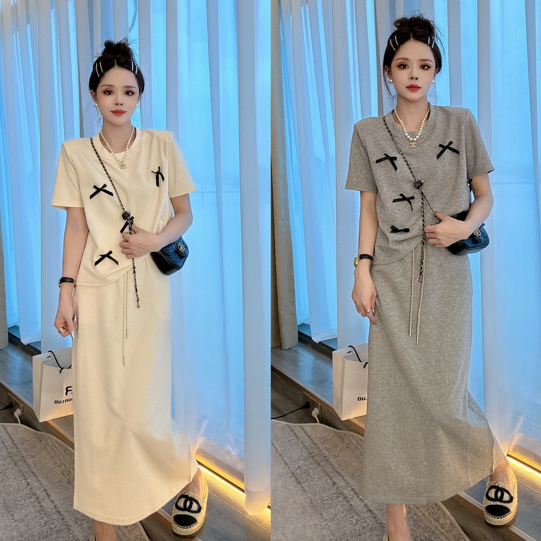 2025韩系蝴蝶结短袖T恤高腰长款半身裙时尚减龄高级两件套装女夏