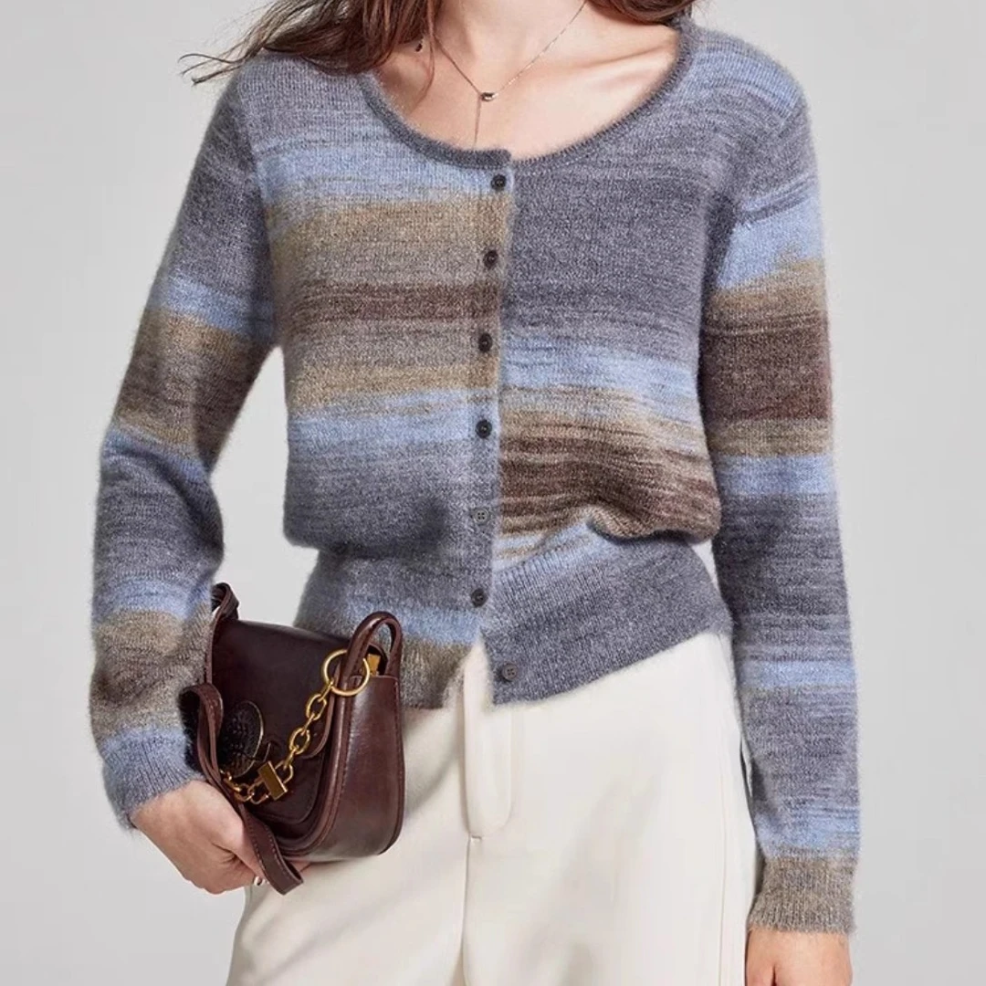 渐变扎染圆领毛衣女2024冬季复古百搭慵懒风软糯气质短款针织开衫