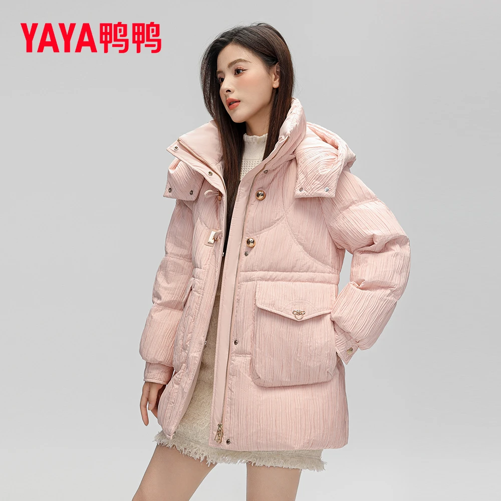 YAYA/鸭鸭羽绒服女2023冬季新中长款抽绳收腰显瘦可拆帽领厚外套
