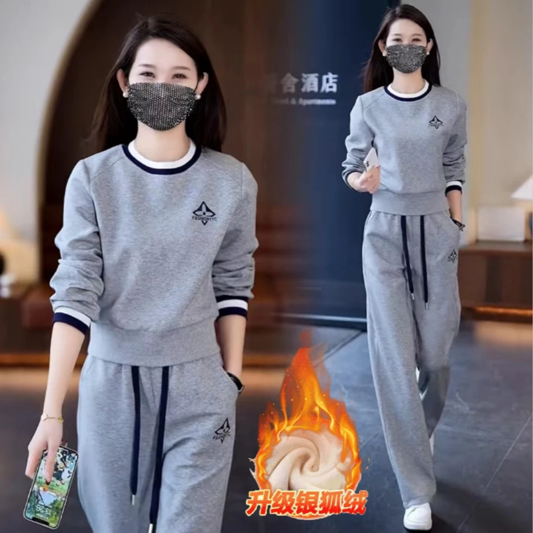 加绒加厚休闲运动套装女2024秋冬季新款纯棉韩版宽松卫衣风两件套