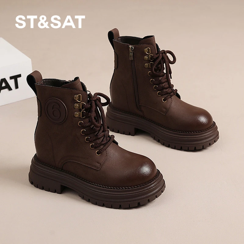 St&Sat/星期六2024真皮英伦风马丁靴女款厚底加绒保暖机车靴短靴