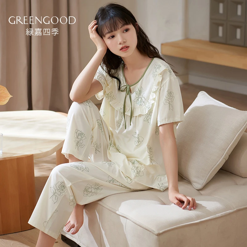绿嘉夏季女士短袖棉质睡衣薄款韩版圆领休闲家居服