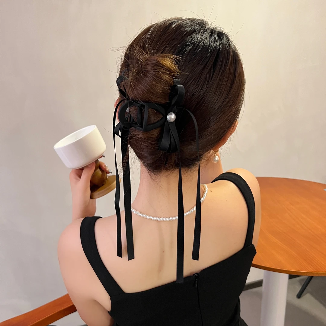 非金属布艺发饰 气质黑色飘带蝴蝶结抓夹后脑勺盘发夹子鲨鱼夹女