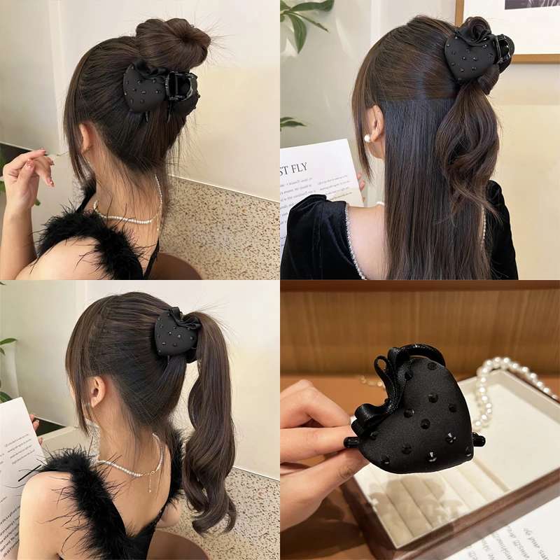 黑色高级感水钻草莓抓夹女甜美桃心发夹高马尾盘发夹丸子头鲨鱼夹