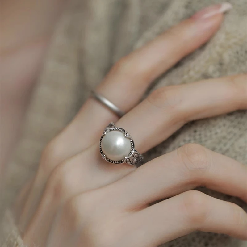 新中式小众轻奢高级感镂空珠珠戒指女气质简约素圈可调节食指戒