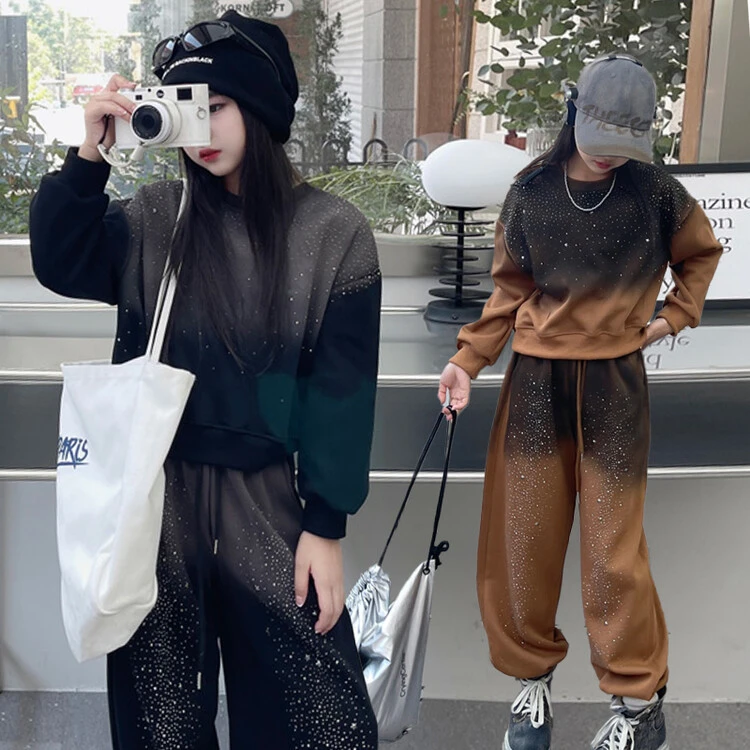 女童2024年秋季新品吊染烫钻针织套装中大童拼色卫衣两件套学生装