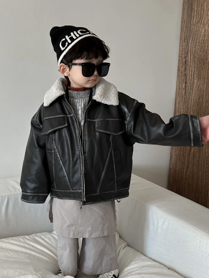 X2419（现货）儿童韩版复古翻毛领夹棉皮衣外套
