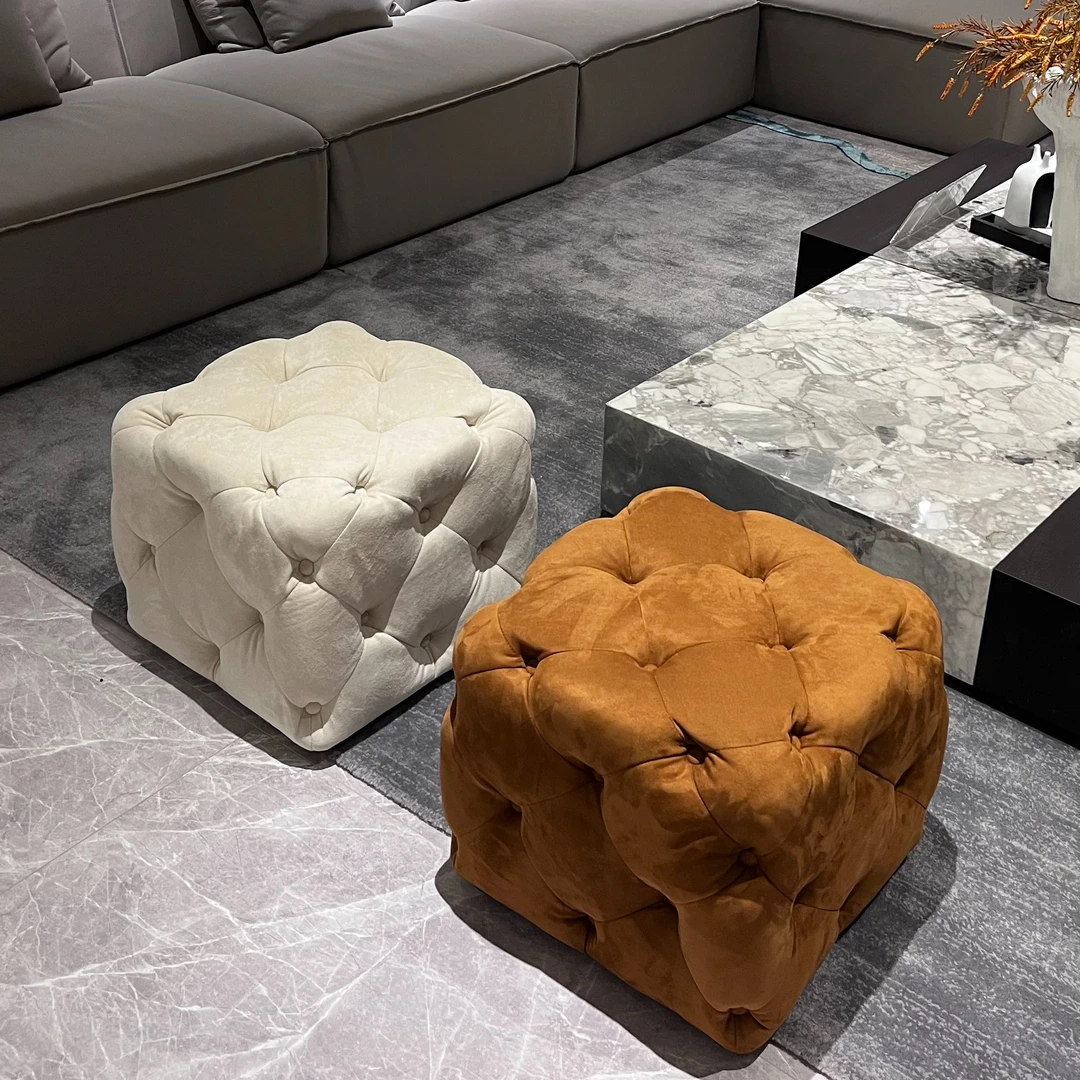 美式轻奢丝绒布艺换鞋凳家用客厅拉扣茶几真皮沙发凳梳妆小方凳子