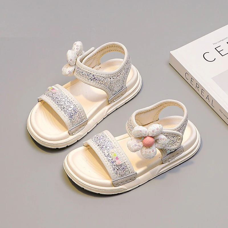 女童鞋子儿童公主鞋2024新款夏款女孩露趾亮片软底沙滩凉鞋422089
