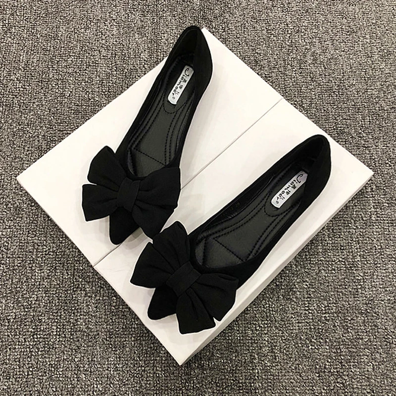 平底舒适单鞋女2025新款女尖头鞋橡胶底蝴蝶结黑色百搭工作瓢鞋子