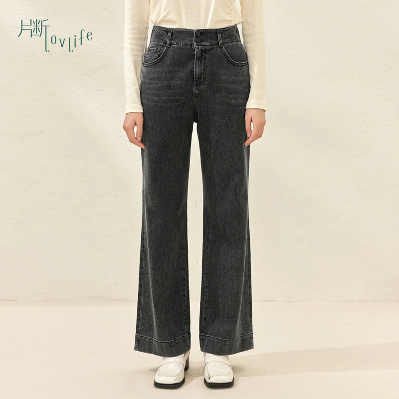 片断牛仔裤女2024春季新款简约翻边设计遮肉显瘦休闲百搭直筒甩裤