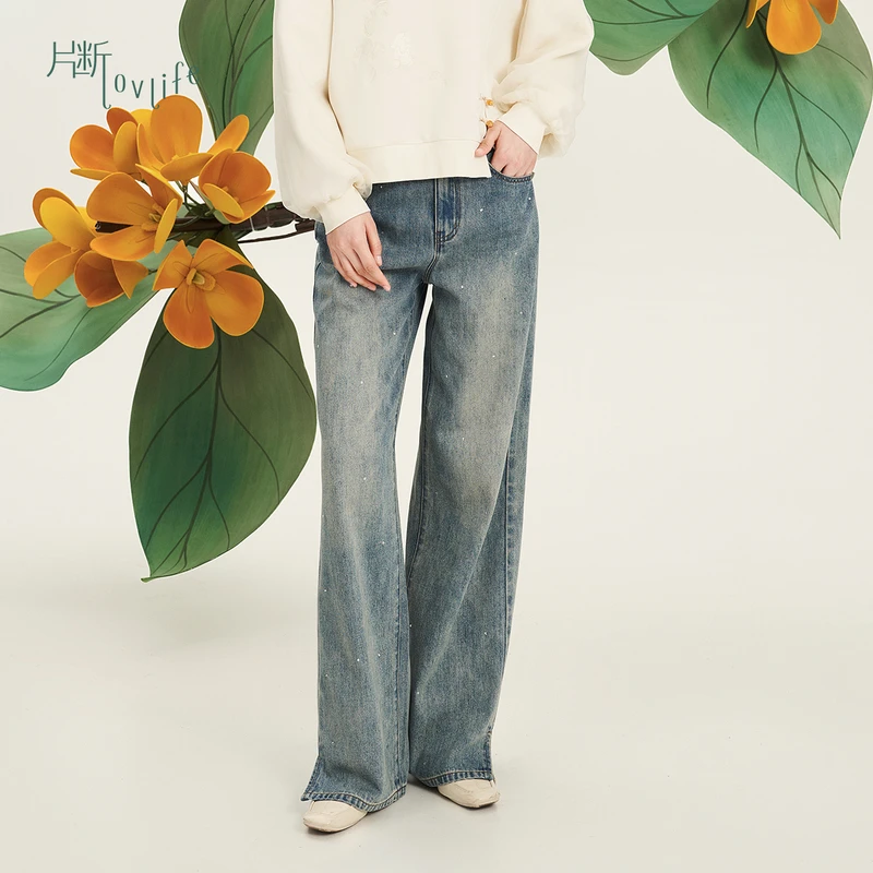 片断牛仔裤女2025春季新款贴钻设计感开叉复古小个子显瘦直筒裤