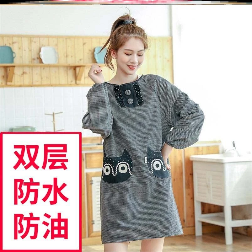 带袖子围裙家用厨房工作服全身棉格子双层布艺透气防脏大人罩衣
