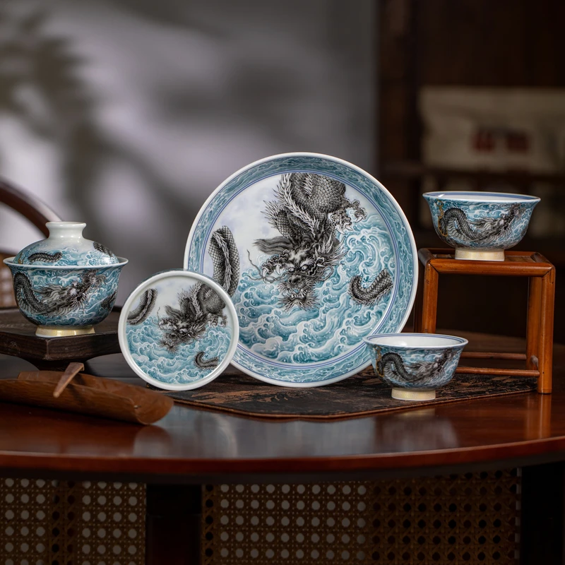景德镇陶瓷墨龙游海茶具套装整套茶器中式家用高端茶道大壶承盖碗