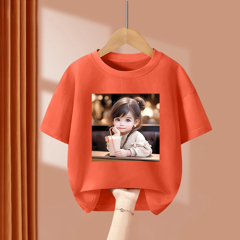 儿童白t恤圆领女童半袖打底白色中大童女孩夏季休闲纯棉印花洋气