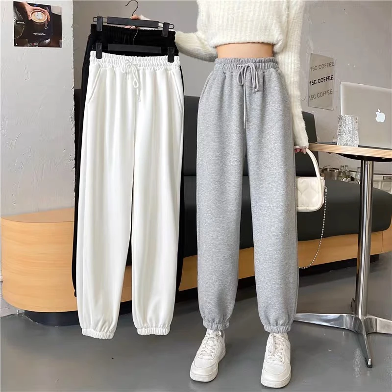 1407灰色束脚裤女运动休闲百搭高腰垂感收口加绒秋冬腰部花边设计