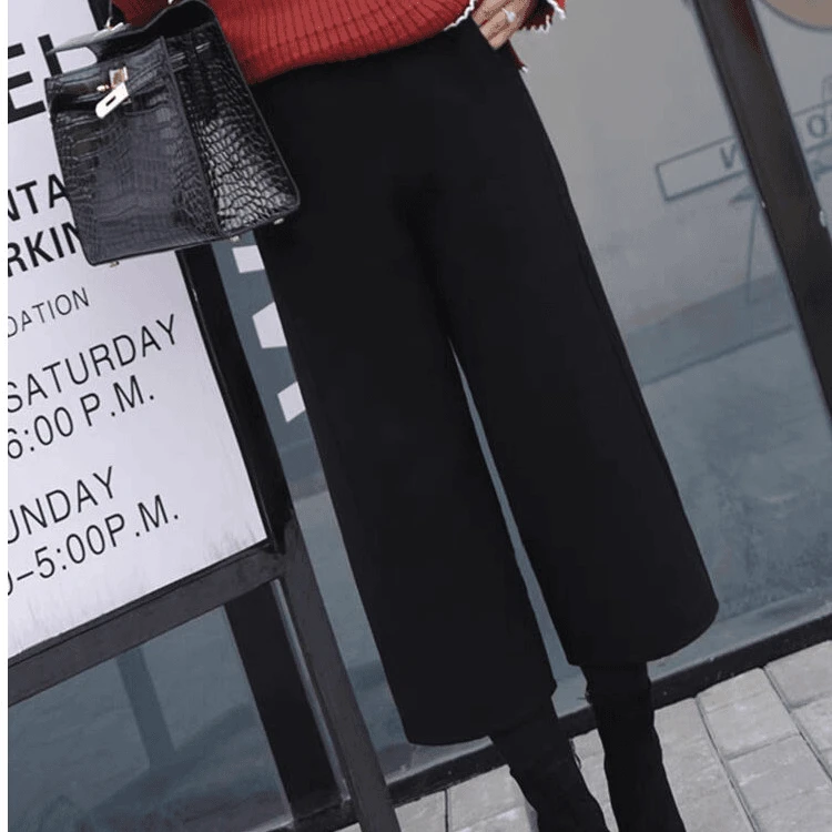 前平腰带口袋阔腿裤毛呢八分846