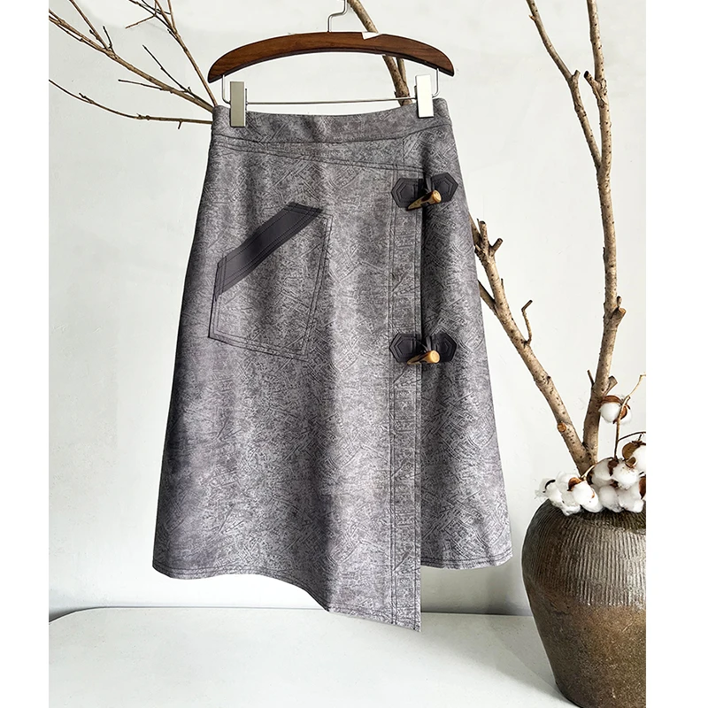 1349雪花绒不规则牛角扣半身裙秋款高腰显瘦时尚中长裙