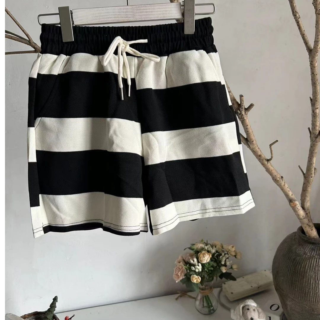 1321黑白条纹抽绳休闲短裤