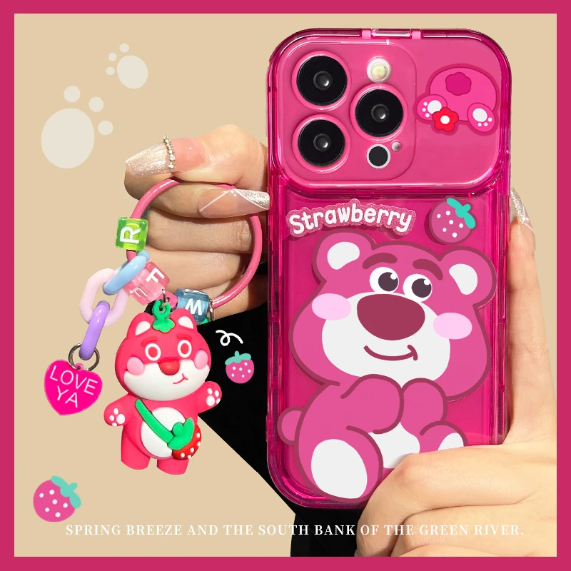 【翻盖镜子壳】呆萌草莓熊手机壳iPhone13翻盖镜框壳苹果15pro草