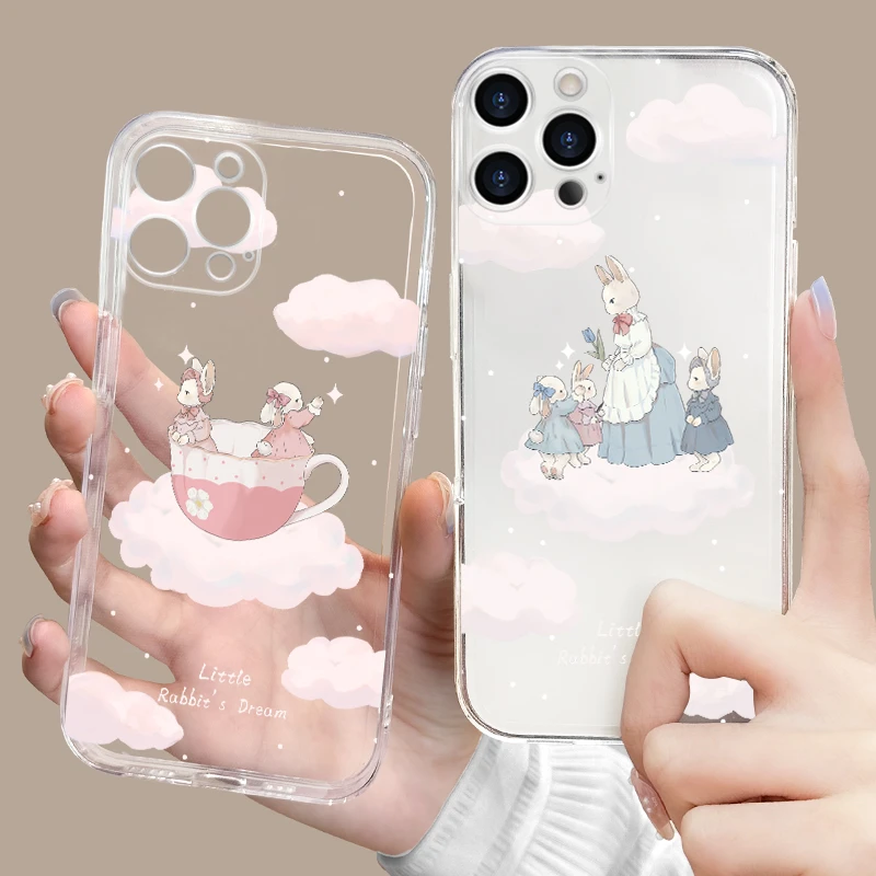 【透明云朵茶杯兔】直边透明苹果15防摔iphone15简约可爱