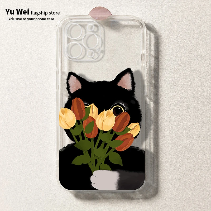 【透明猫咪捧花】直边透明苹果15防摔iphone15pro黑猫捧花