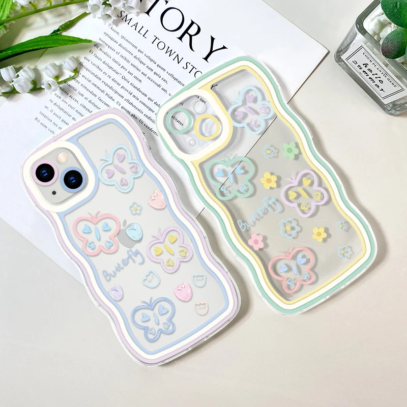 【透明波浪壳】春粉绿手机壳苹果15防摔硅胶iphone15pro粉花