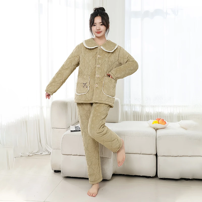 笆曼子冬季女士2025夹棉新款睡衣加绒加厚简约方领保暖家居服套装