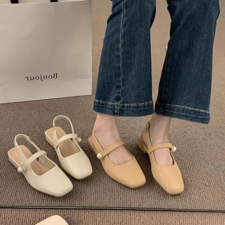 温柔仙女风配裙子晚晚鞋低跟包头凉鞋女鞋子简约百搭后空方头单鞋