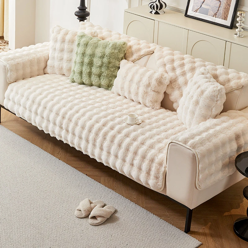 毛绒沙发垫秋冬毛绒加厚坐垫防滑简约现代沙发套罩直排盖巾