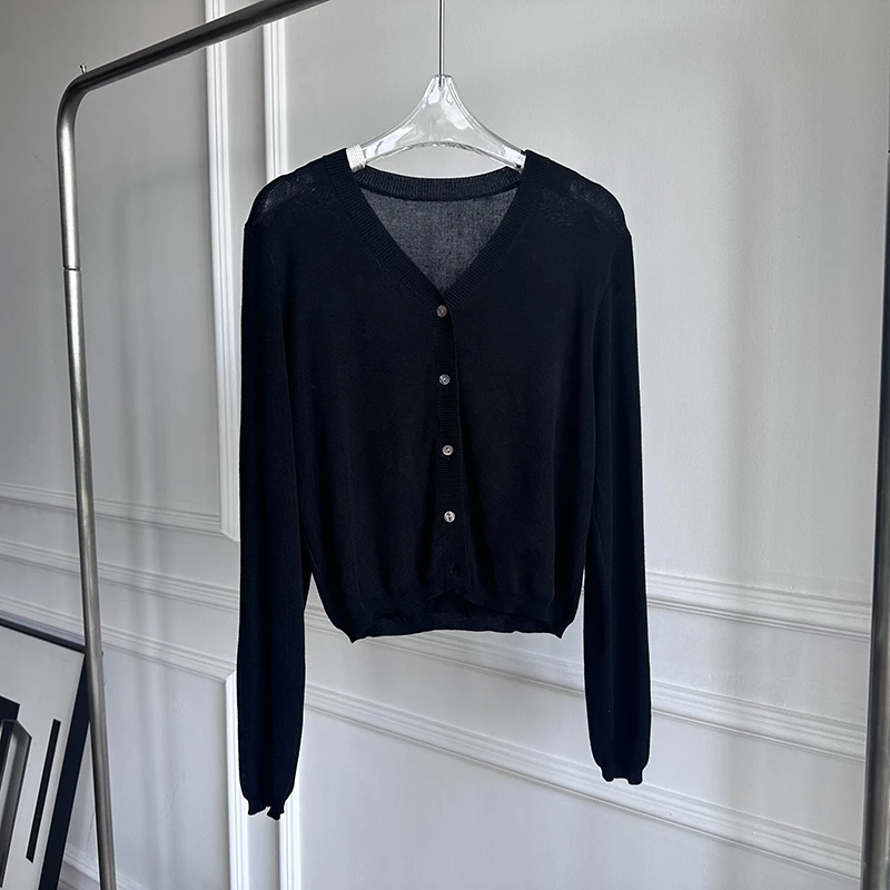 夏季长袖气质针织衫 v领时尚纯色百搭宽松女士上衣开衫