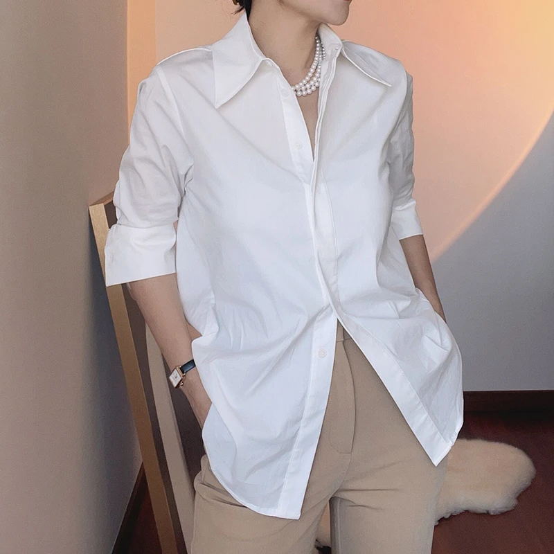 皮粉色白色尖领衬衫 高支数弹力棉基础款尖领粉色衬衣女士衬衫