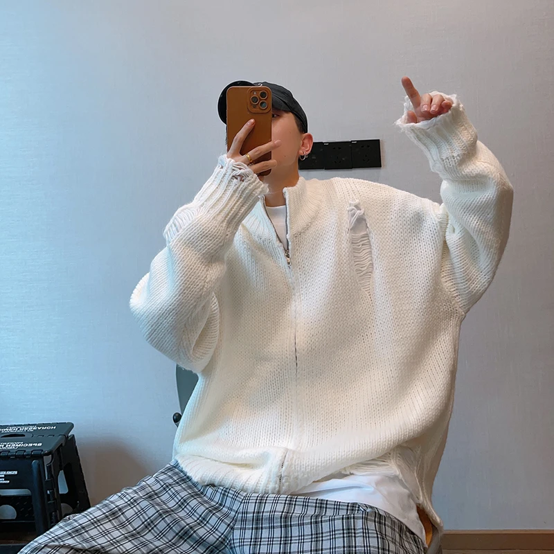 大白鲨秋季潮牌复古做旧破洞拉链开衫毛衣外套男女港风百搭针织衫
