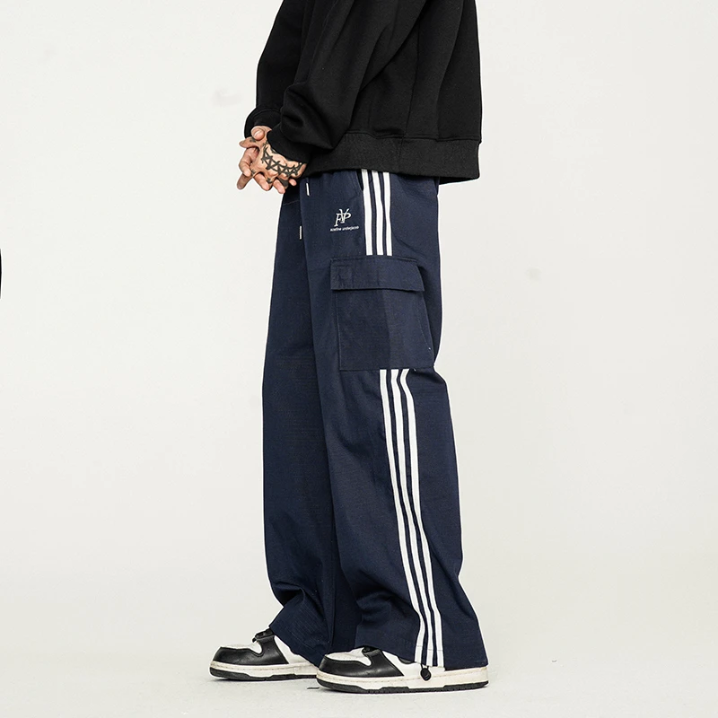 大白鲨大口袋侧边条纹日系工装裤男款宽松休闲裤小众设计感阔腿裤