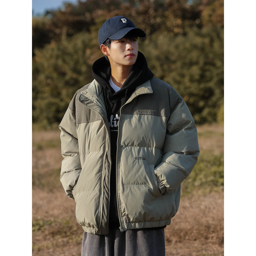 大白鲨冬季美式港风拼接灯芯绒棉服外套男生潮牌加厚保暖立领棉衣