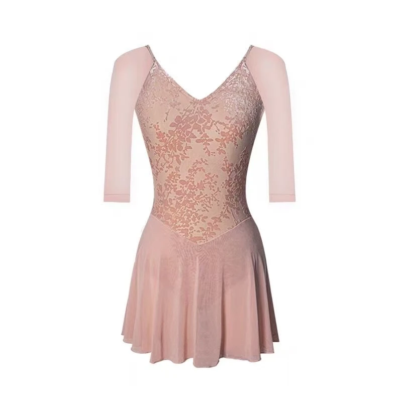 优雅修身芭蕾舞连体蕾丝练功女童连衣裙夏季露背体操服艺考舞蹈服