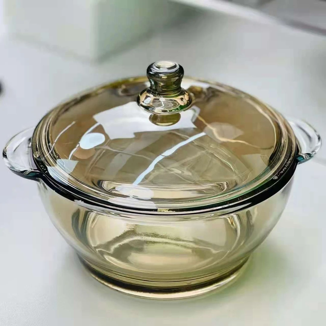 茶色玻璃煲1L双耳带盖煲泡面碗