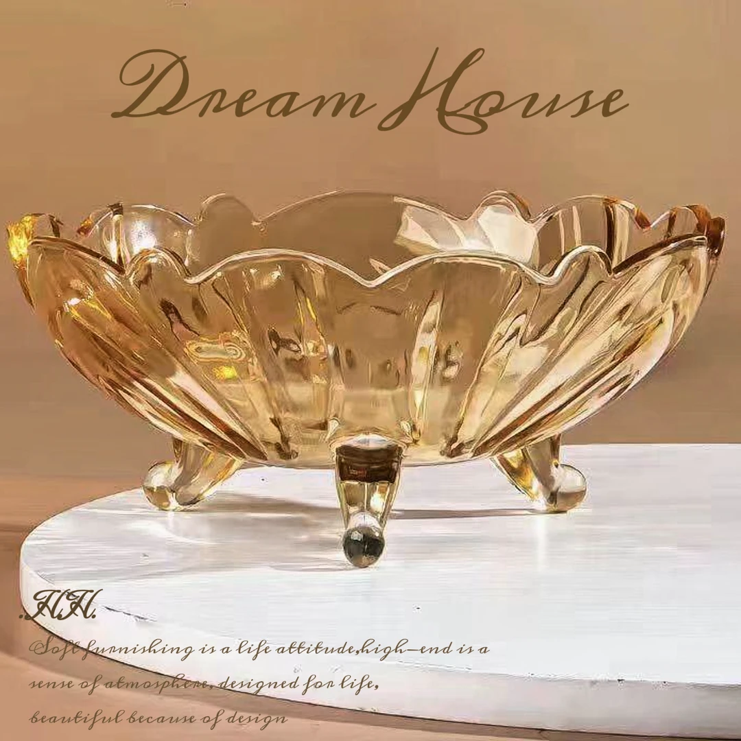 简约欧式玻璃水果盘琥珀三足果盘家用客厅创意糖果零食盘