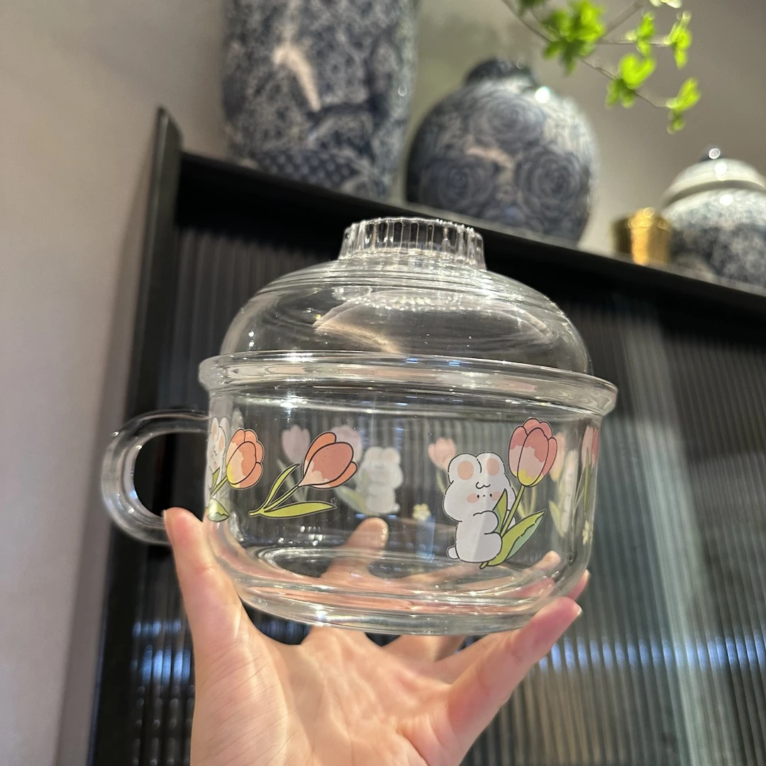 花与兔带盖汤碗透明家用泡面碗大容量